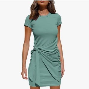 LILLUSORY Women's Casual Short Sleeve Wrap Bodycon Ruched Tie Waist Dress